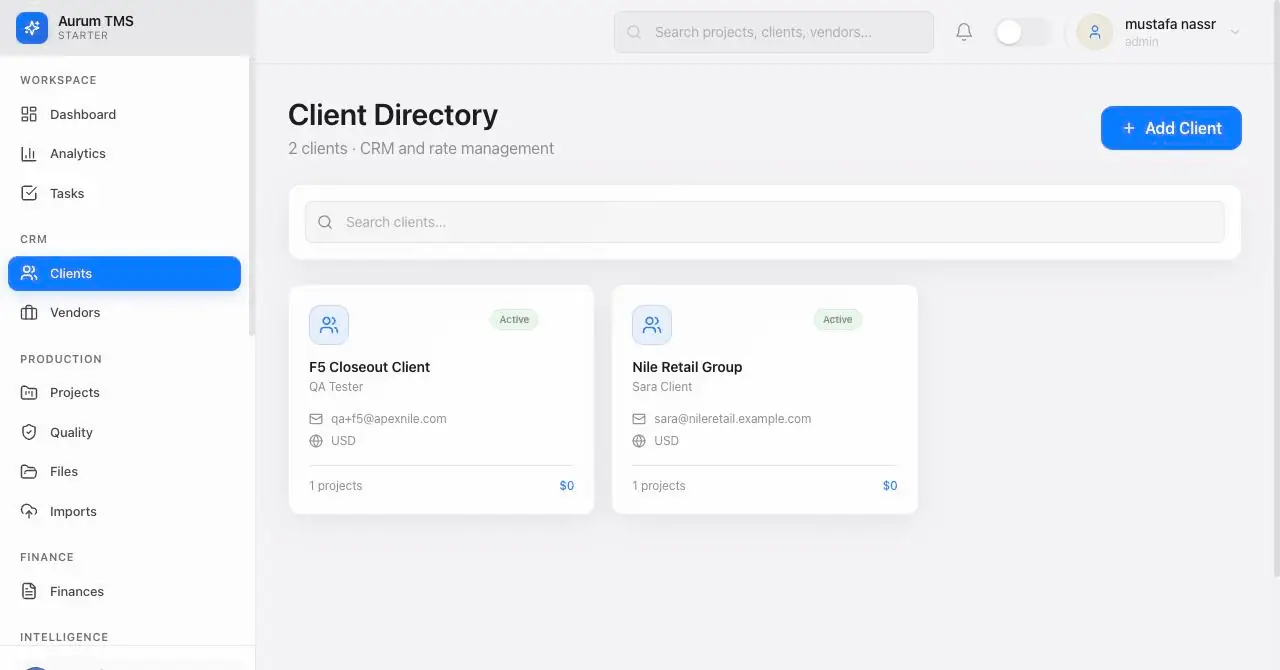 The Glosseum client directory listing real client companies with contacts and currencies