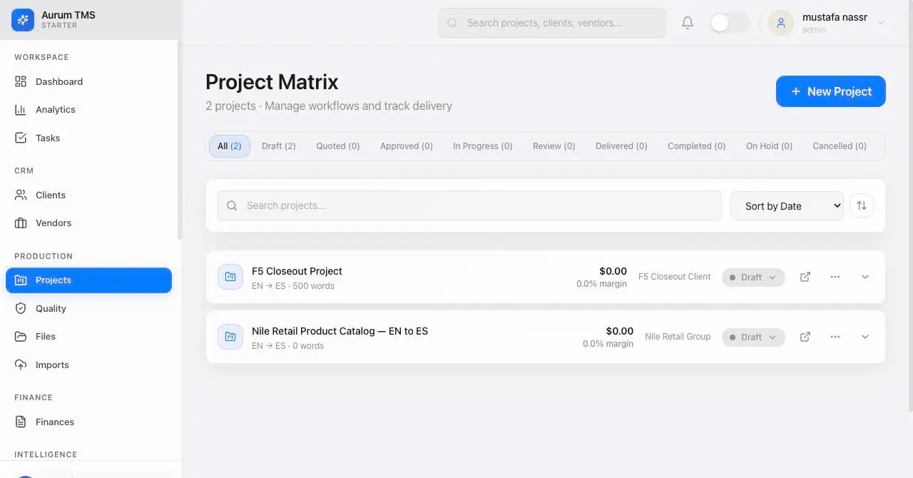 An Glosseum project expanded to reveal its jobs and their status in the delivery pipeline