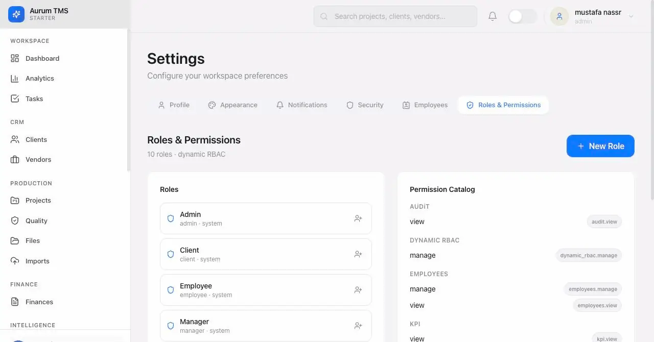 The Glosseum roles and permissions screen with ten roles and a dynamic permission catalog
